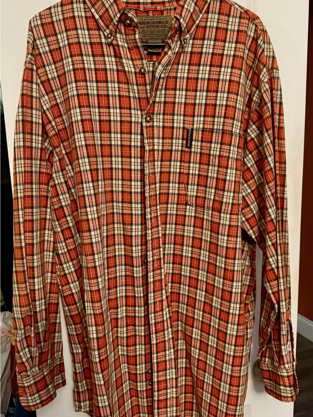 Abercrombie & Fitch Orange and Cream Plaid Button-Down The Big Shirt Mens L